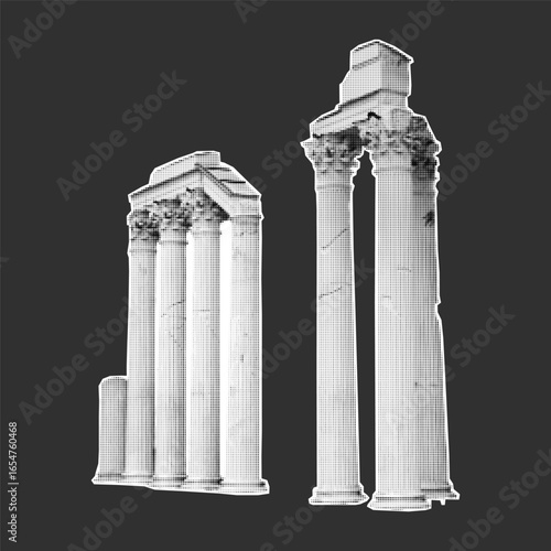 Classical column in halftone cutout collage, fragmented antique bust, grunge stippled textures, dreamy surreal sticker illustration, modern myth art design.
