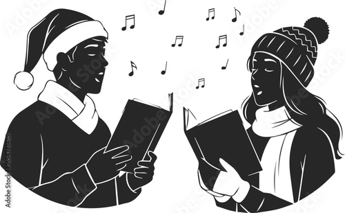 Christmas Carolers Silhouette Singing – Black and White Vector Illustration