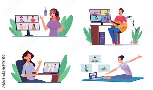 Online interactions. People talking online male and female persons talking each others on online meeting party web socialize exact vector concept illustrations