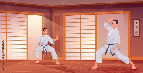 Karate. Training of karate fighter in battle room exact vector martial arts concept illustration