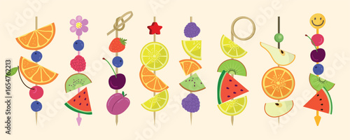 Canape. Different tasty fresh fruits on canape sticks recent vector illustrations in cartoon style
