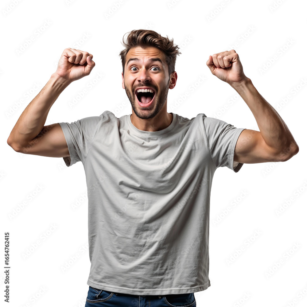 Fototapeta premium Excited young man cheering with fists isolated on transparent background