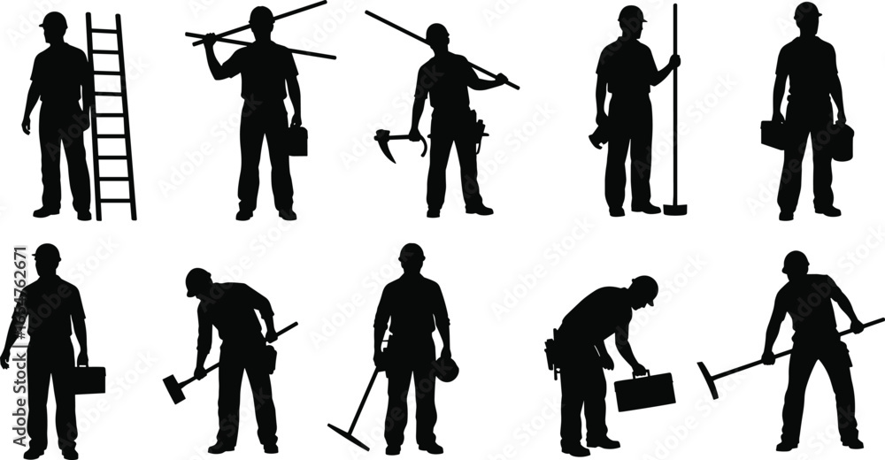 Fototapeta premium Construction worker silhouettes, labor tools, industrial equipment, hard hat icons, manual work poses, vector illustration, black art, job site graphics