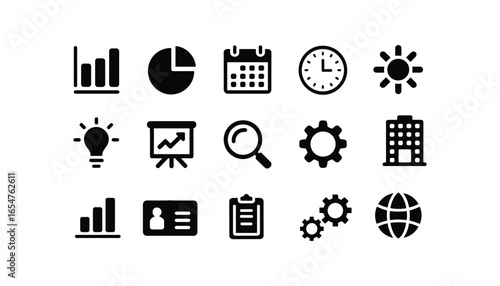 Business and Office Icon Set Featuring Charts, Calendar, Light Bulb, Settings, Growth, Management, Global Network, and Planning.