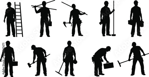Construction worker silhouettes, labor tools, industrial equipment, hard hat icons, manual work poses, vector illustration, black art, job site graphics