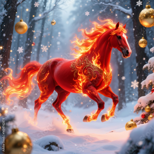 A magical fiery horse in a winter forest is a symbol of magic and a festive fairy tale