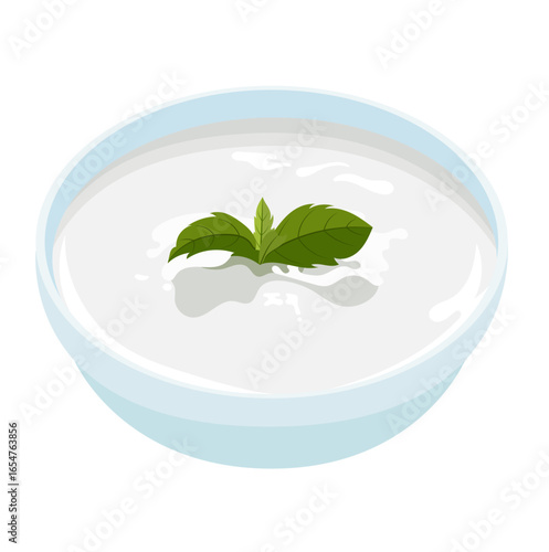 Fresh White Yogurt with Mint Leaf in Glass Bowl Illustration Isolated on White Background