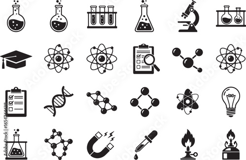 Collection of black science and education icons including flasks atoms dna and microscope laboratory