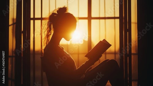 Silhouette of a person reading at sunset