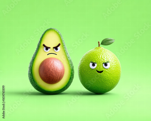 Grumpy avocado with large seed stands next to cheerful green fruit, both set against vibrant green background. contrasting expressions create playful and humorous scene