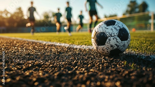 A soccer ball on a grass field with players in the background. The sports concept of a game is being played. The image emphasizes the activity and motion of the players.