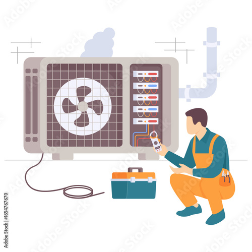 technician holding clamp Meter testing ac components concept, Solving Electrical Problem vector design, Electrician Profession banner, Low High Voltage Power scene, Handyman Repairman illustration