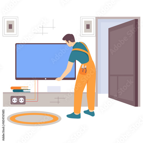 Home Theater Installer Fixing TV mounting concept, Cable Technician Checking audio video signals vector design, Electrician Profession banner, Low Voltage Power scene, Handyman Repairman illustration