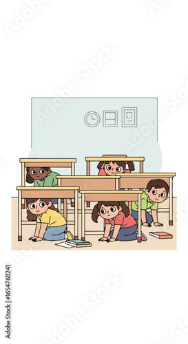 Diverse group of elementary school children practicing earthquake safety by taking cover under classroom desks.