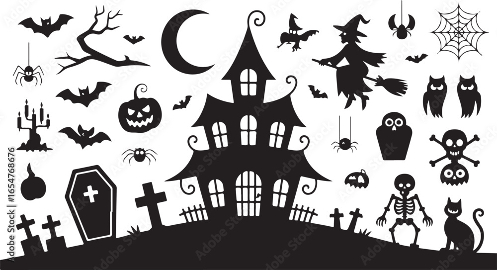 Fototapeta premium Black and white halloween vector silhouette set