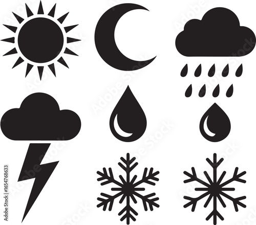 Weather icons set sun moon cloud rain lightning snowflake symbols crescent moon