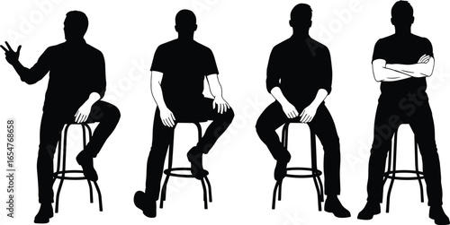People sitting silhouettes, stool poses, human posture, black vector figures, seated man, gesture icons, body language, pose collection, sitting positions, casual sitting, resting pose 