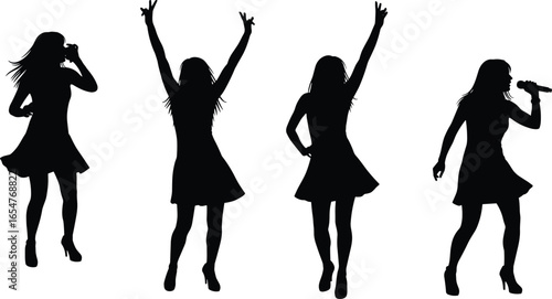 Performer silhouette, female singer, microphone pose, stage presence, dynamic posture, dress and heels, concert art, singing woman, performance clipart, black figure, music icon, expressive stance, 