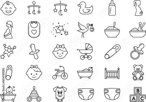 Collection of simple line art icons for baby care and childhood vector