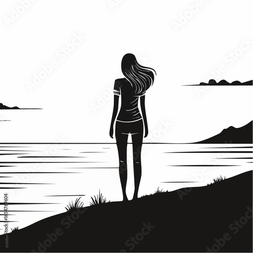 Silhouette of a Person Standing Alone on a Hill Overlooking the Ocean with a Feeling of Loneliness