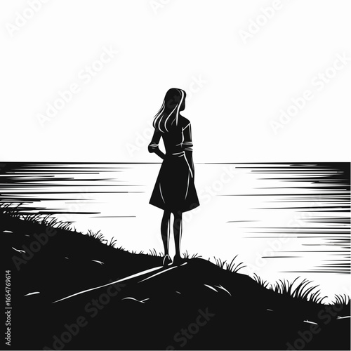 Silhouette of a Person Standing Alone on a Hill Overlooking the Ocean with a Feeling of Loneliness
