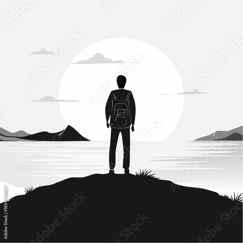 Silhouette of a Person Standing Alone on a Hill Overlooking the Ocean with a Feeling of Loneliness