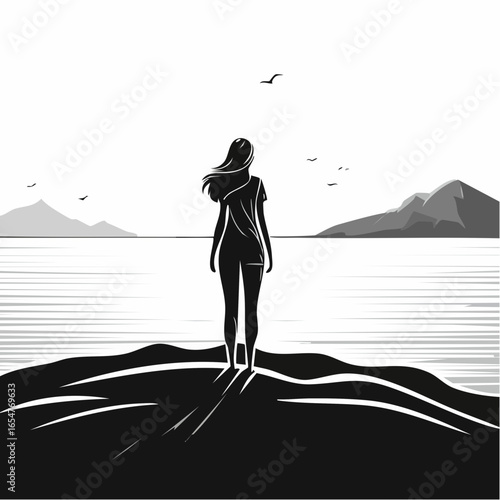 Silhouette of a Person Standing Alone on a Hill Overlooking the Ocean with a Feeling of Loneliness