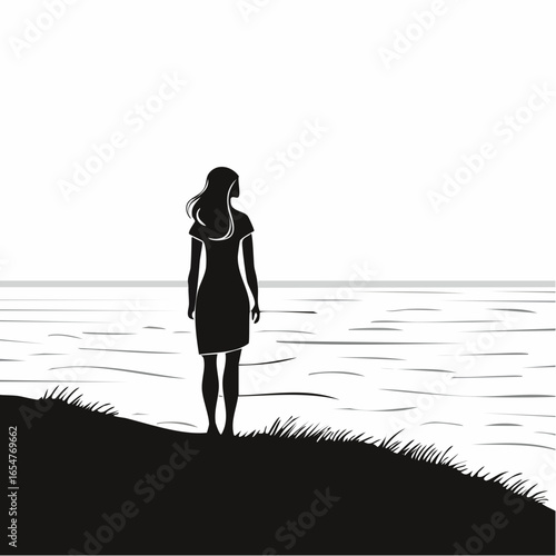 Silhouette of a Person Standing Alone on a Hill Overlooking the Ocean with a Feeling of Loneliness
