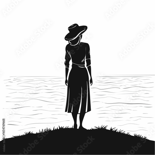 Silhouette of a Person Standing Alone on a Hill Overlooking the Ocean with a Feeling of Loneliness
