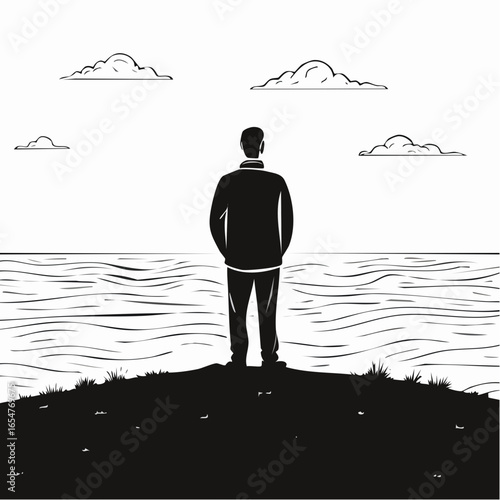 Silhouette of a Person Standing Alone on a Hill Overlooking the Ocean with a Feeling of Loneliness