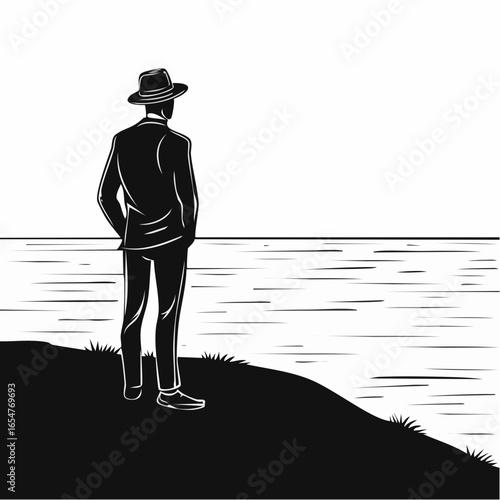 Silhouette of a Person Standing Alone on a Hill Overlooking the Ocean with a Feeling of Loneliness