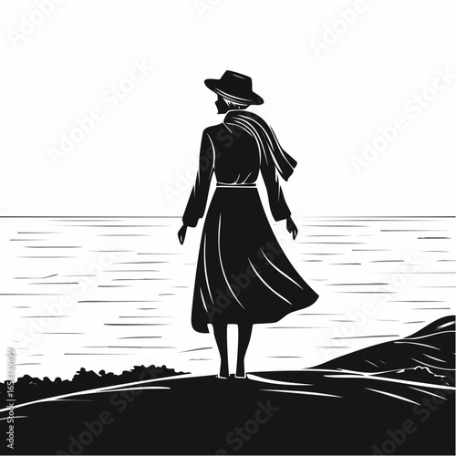 Silhouette of a Person Standing Alone on a Hill Overlooking the Ocean with a Feeling of Loneliness