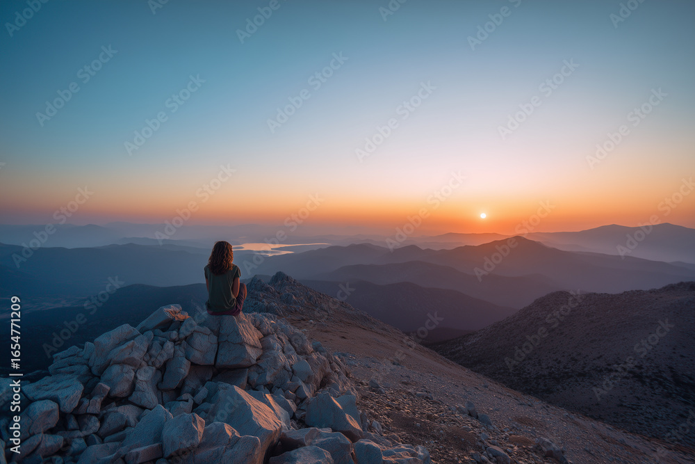 Fototapeta premium Female hiker enjoying the view of the sunset on a mountain