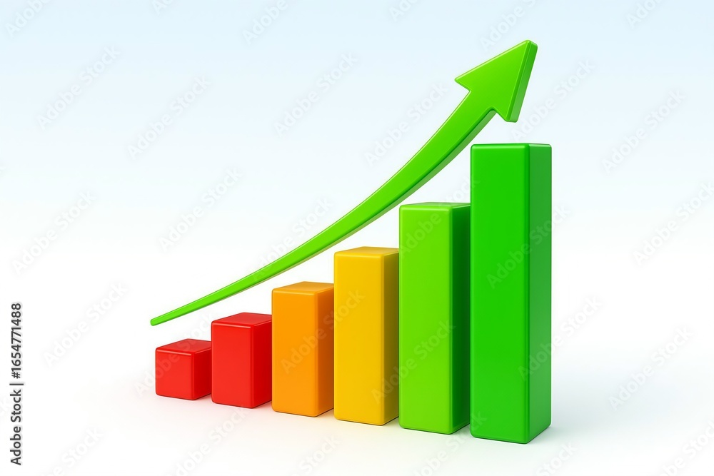 Green arrow pointing upwards over colorful bar graph showing financial growth and success Green arrow pointing upwards over colorful bar graph showing financial growth and success
