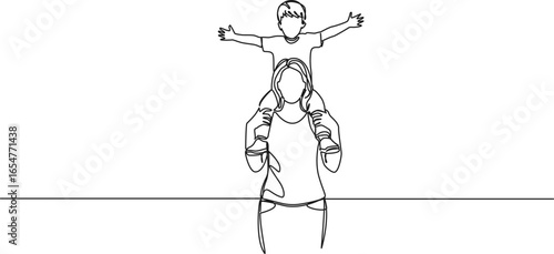 continuous single line drawing of mother carrying her happy son on her shoulders, line art vector illustration
