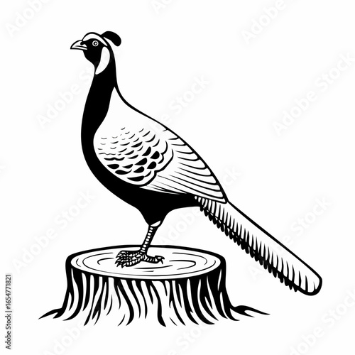Pheasant standing on a tree stump vector image isolated on white background.