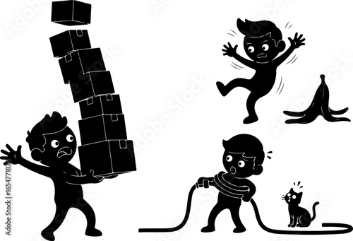 Funny Kids Silhouette in Clumsy and Accident Situations