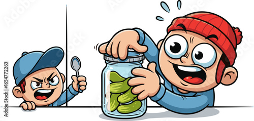 Cartoon Boys Fighting Over a Jar of Pickles