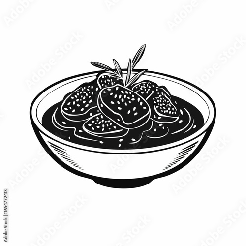 Black and white Sesame sauce fried meat image vector isolated on white background.