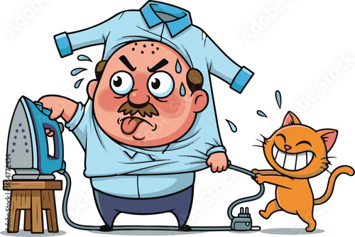Funny Cartoon Man Ironing Shirt While Mischievous Cat Pulls the Cord