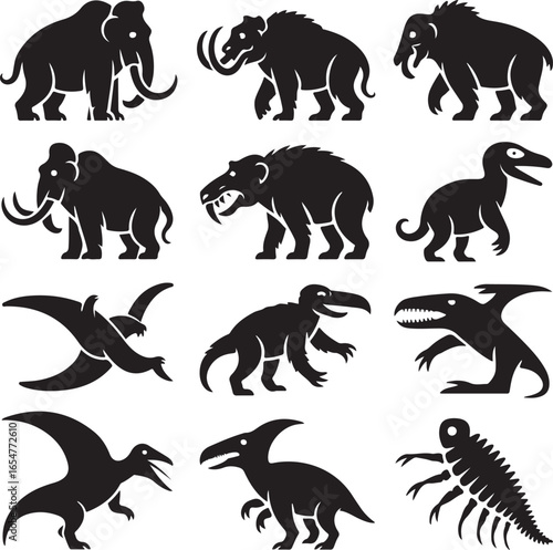 Nine Black Silhouette Prehistoric Animals Including Mammoths and Dinosaurs on White Background