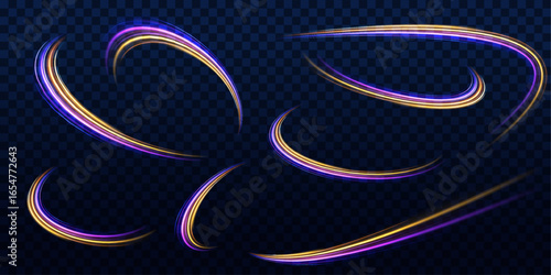 Abstract glowing streaks form a vortex of light against a dark cyber background. The swirls represent fast digital connections and modern technology. Purple and cyan light trails spiral.