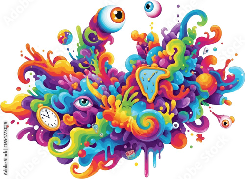 Surreal Colorful Abstract Collage with Melting Shapes and Floating Eyes