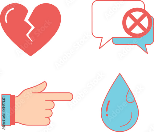 Four icons: a broken heart, a speech bubble with a prohibition sign, a pointing hand, and a water droplet.