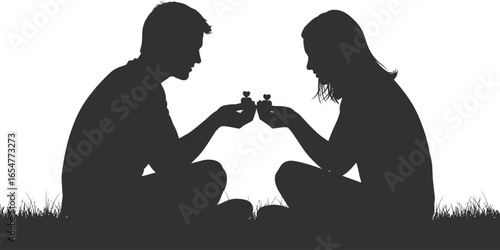 Silhouette of a girl, dog, and her mother, showing the love between a family