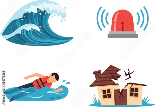 Illustration depicting a tsunami wave, an alarm, a person swimming with a life vest, and a damaged house.