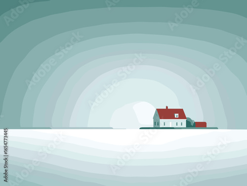 Minimalistic house on a white landscape with a soft light background in a serene style