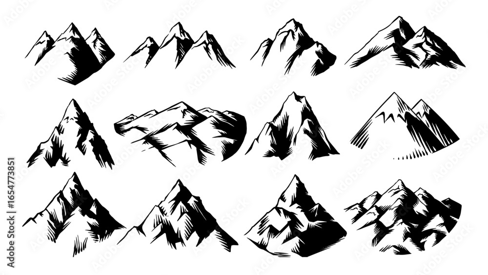 Fototapeta premium Mountain emblem or icons set. Hand drawn frozen peaks for your design, water bottle, expeditions, adventure and lifestyle business. Explore hills and woods. For clothing