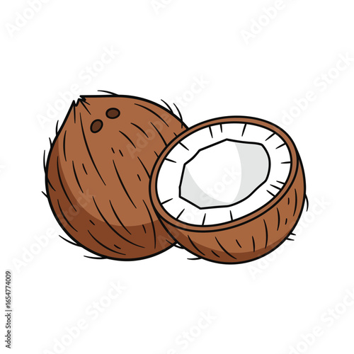 Two coconuts, one whole and one cut in half, revealing the white flesh inside.