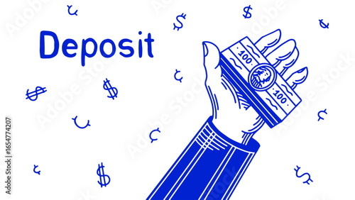 A hand in suit with a pack of money, dollars concept of sharing, withdraw or deposit money in your online bank or for finance company in hand drawn outline style. Cent signs